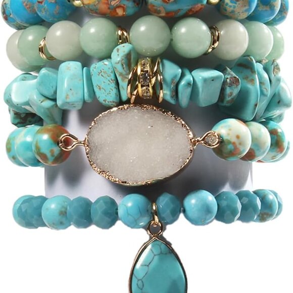 5PCS 6PCS Natural Boho Beaded Bracelets/Bangle for Women MenHealing Turquoise J